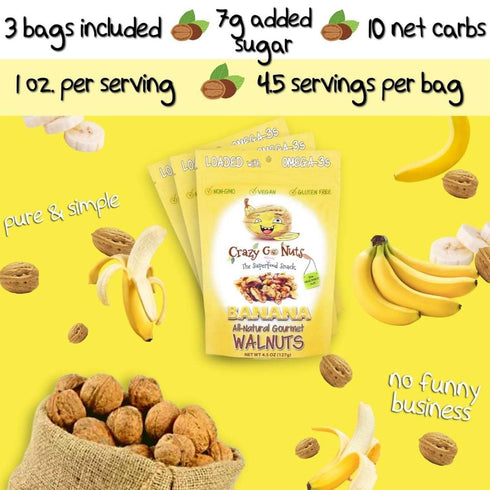 3 4.5 oz, 3-Pack Crazy Go Nuts Sweet Sampler Walnuts - Healthy Snacks, Gluten Free, Natural Superfood, Omega Fatty