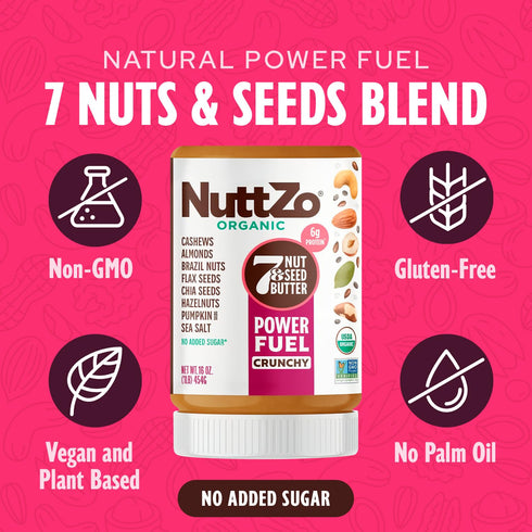 7 16 oz NuttZo Organic Power Fuel Nuts and Seeds Butter, Crunchy, Paleo and Keto Friendly, Peanut and Gluten Free