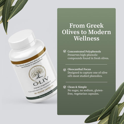 30 Extra Virgin Olive Oil Capsules, High-Phenolic Olive Oil Extract, Olive Polyphenols & Oleocanthal, Veggie Capsules