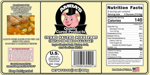 Amba's Quality Cured Products 32oz (2 lbs) Pack Cured Salted Pork Feet (Patas De Cerdo Saladas), Net Weight Vacuum Bag