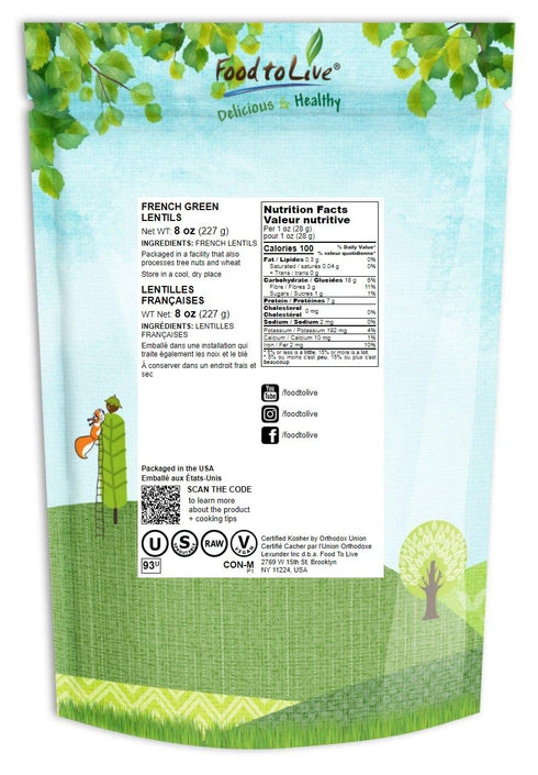 8 Food to Live French Green Lentils, Ounces Whole Dry Beans, Raw, Sproutable, Vegan, Kosher, Bulk. Deep Peppery Flavor.