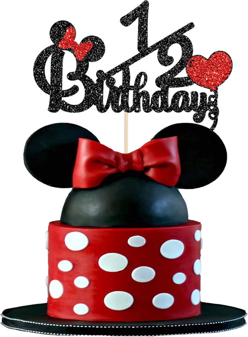 Happy 1/2 Birthday Cake Topper - Black and Red Glitter Mouse Theme Baby Shower Sign for 6 Months Birthday Party