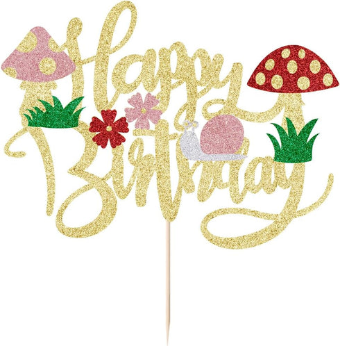 Kaoenla Mushroom Cake Topper- Glitter Mushroom Birthday Cake ToppersMushrooms and flowers in spring, the themeGirls