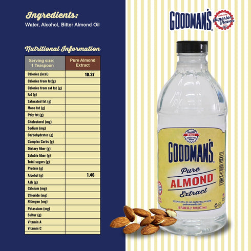 (16oz Goodman's Pure Almond Extract - Gluten-Free, Non-GMO, Kosher, Low Carb & Low Calorie - Ideal for Baking, Cooking