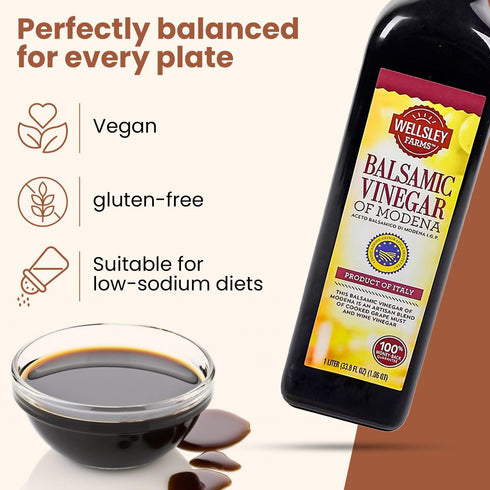 Wellsley Farms 1L Premium Balsamic Vinegar | Blend of Grape & White Vinegar | Made in Modena Italy | Rich, Velvety