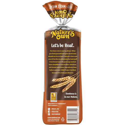 100% 20 oz Nature's Own Whole Wheat Bread, Sliced Non-GMO Sandwich Bread, Loaf