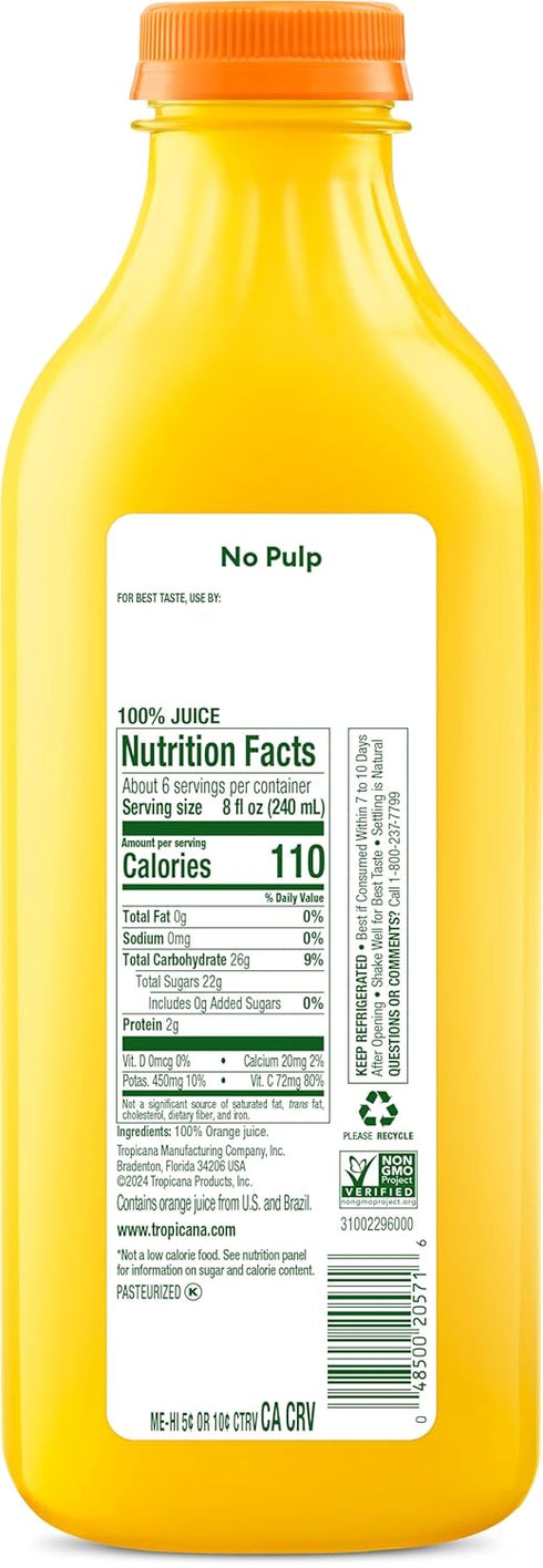 100% 46 oz Tropicana Pure Premium Orange Juice Original, No Pulp No Added Sugars, fl bottle