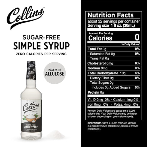 Collins Sugar Free Simple Syrup for Drinks, 32oz, Sugar Free Coffee Syrup, Simple Syrup Cocktail