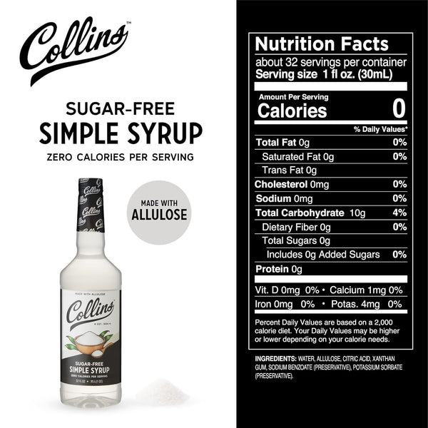 Collins Sugar Free Simple Syrup for Drinks, 32oz, Sugar Free Coffee Syrup, Simple Syrup Cocktail