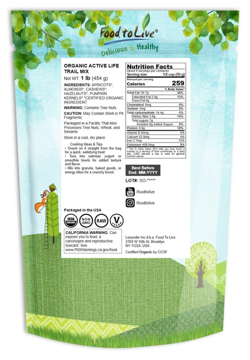 1 Food to Live Organic Active Life Trail Mix, Pound Raw and Non-GMO Snack Mix Contains Cashews, Pumpkin Seeds