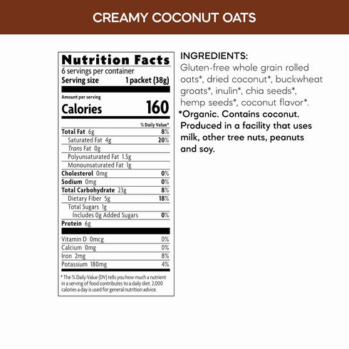 8 oz (Pack 2), Nature's Path Organic Qi'a Creamy Coconut Instant Oatmeal, of Gluten Free, Non-GMO