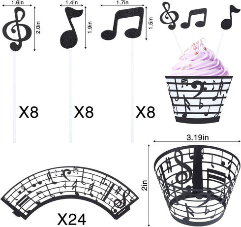 48 Pieces Music Note Cupcake Toppers and Wrappers, Musical Symbol Lace Cupcake Liners, Paper Baking Cup for Birthday