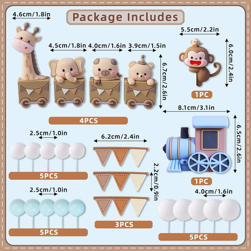 Foofluckii 24-Piece Set Animal Train Cake Decoration with Giraffe, Elephant, Pig, Bear, and Monkey - Themed Cake