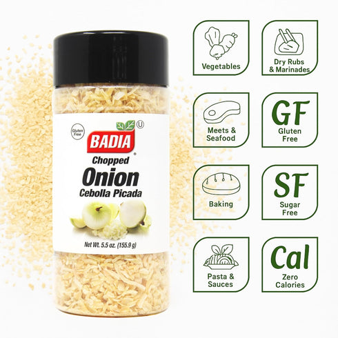 5.5 oz (Pack 2) Badia Chopped Onion, Convenient Flavorful Onion Flakes for Cooking & Seasoning