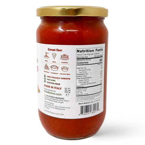 24oz (680g) (Pack 2) Food To Live Organic Basil Tomato Sauce, Authentic Italian Pasta Sauce, No Added Sugar, Non-GMO
