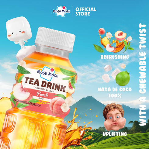 6 Pack 15.3 oz Mogu Mogu Peach Iced Tea with Nata de Coco (Coconut Jelly) Chewy Bubble Tea Alternative, Refreshing