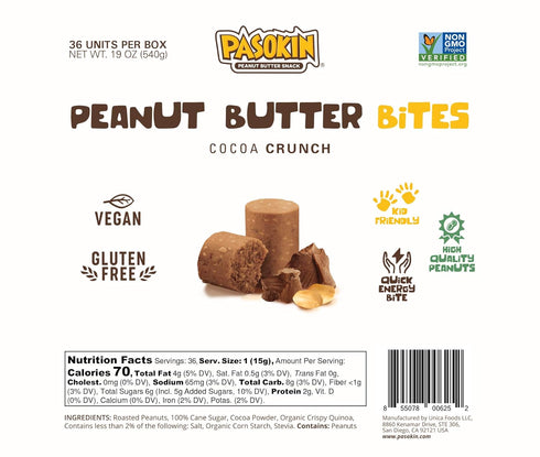 6 6 (36 PASOKIN | Cocoa Crunch Natural Peanut Butter Bites | Gluten Free, Vegan, Protein Snack | Crunchy and Creamy |