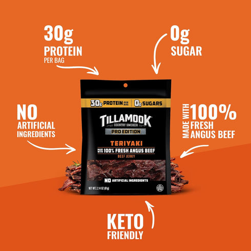 Country 2.14 Oz (3 Pack) Tillamook Beef Jerky, Smoker PRO Edition, Zero Sugar Teriyaki, Real Hardwood Smoked Fresh