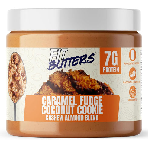 Fit Butters Caramel Fudge Coconut Cookie Cashew Almond Butter Spread, Added Protein