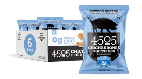 4505 Meats, Sea Salt Chicharrones, Fried Pork Rinds, 2.5 Ounce Bags (Pack