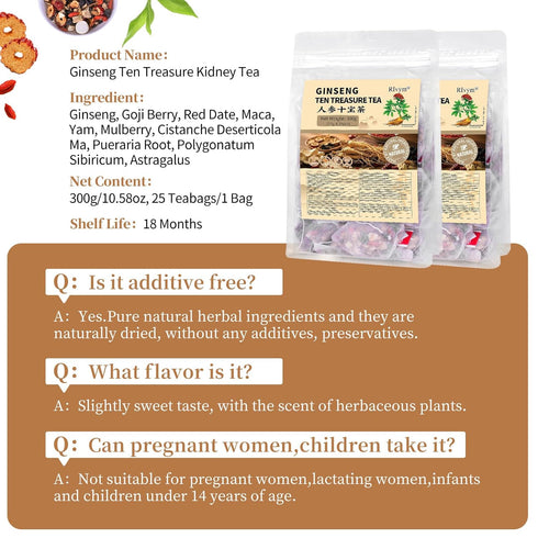 Rlvym 50Pcs 10 Formula(50Bags, 600g) Ginseng Ten Treasures Tea, Chinese Traditional Kidney Care Herbal Tea, Natural