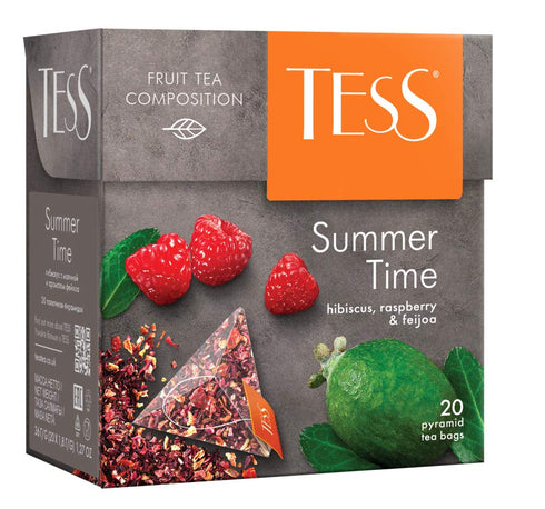 Tess Summer Time Fruit Tea Composition, Hibiscus, Raspberry and Feijoa Leaf Tea in 20 Pyramid Sachets