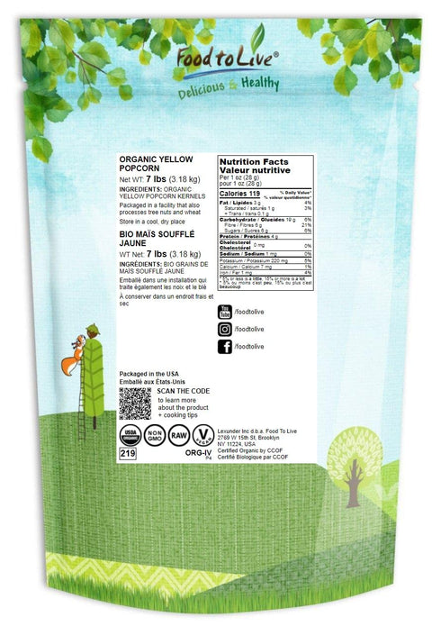 7 100% Food to Live Organic Yellow Popcorn, pounds Non-GMO Corn Kernels, Whole Grain, No Additives, No Preservatives