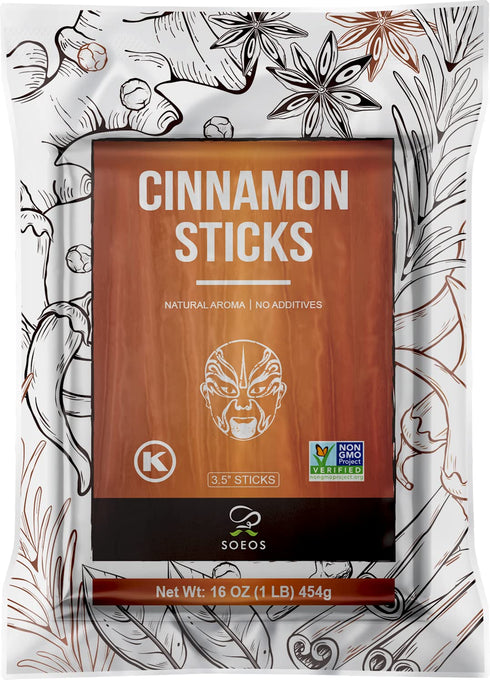 Soeos Cinnamon Sticks Whole, 100% Raw, Non-GMO, Kosher Certified, 16 oz