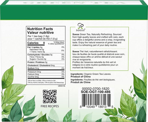 100 (Pack 1), 6.3 Soeos Organic Green Tea, Tea Bags of Caffeinated, Low Caffeine, Fresh and Healthy Green Tea, Ounce