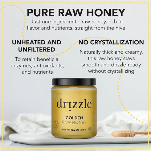 13.2 oz (375 Drizzle Golden Raw Honey - All Natural Pure Raw Honey, Unfiltered & Unheated, Use in Tea & Coffee, Sugar
