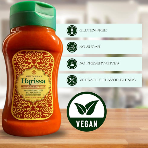 6 11.64oz Mustaphas Harissa Hot Sauce North African Original Hot Pepper Paste, No Sugar, Preservative-Free, Non-GMO