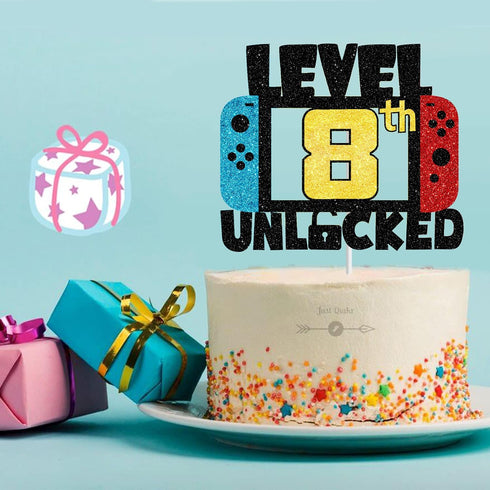 8 LEVEL UNLOCKED Birthday Cake Topper, 8th Happy Birthday Gamepad Cake Topper, Video Game Party Decorations