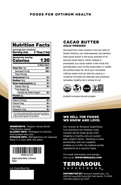 1 Lb Terrasoul Superfoods Organic Cacao Butter, - Raw | Keto | Vegan | Unrefined