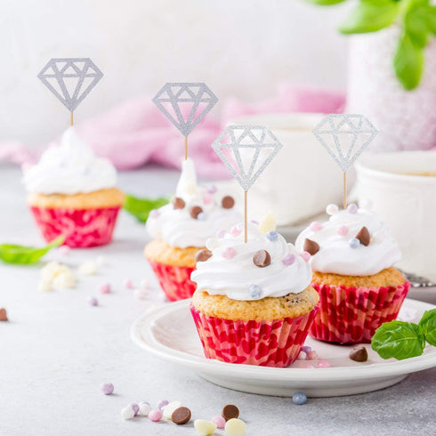 50 Pack Cupcake Toppers, Silver Glitter Diamond Cakes Toppers, Party Cake Decoration Supplies