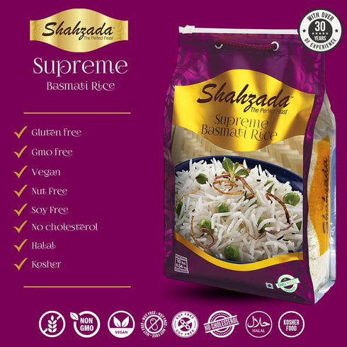 10 Lbs Shahzada Supreme Basmati Rice Extra Long Grain, Non-Sticky, Non GMO, Vegan, Gluten Free, No Cholesterol, Low