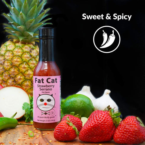 6 Pack Strawberry Serrano Natural Hot Sauce by Fat Cat Gourmet | Sweet & Spicy Flavor | For Chicken, Seafood, Pork, Ham