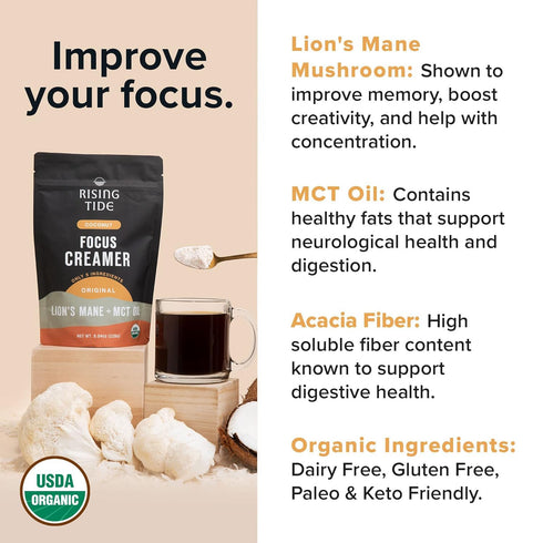 Rising Tide Organic Mushroom Superfood Creamer - Coconut Milk Powder with Lions Mane, Plant Based, 38 Servings