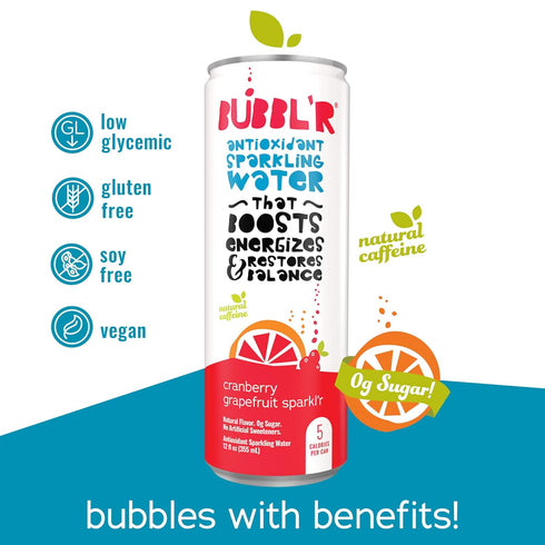 0g 12 Oz 12 Count BUBBL'R cranberry grapefruit sparkl'r, Antioxidant Sparkling Water with Natural Caffeine, Sugar