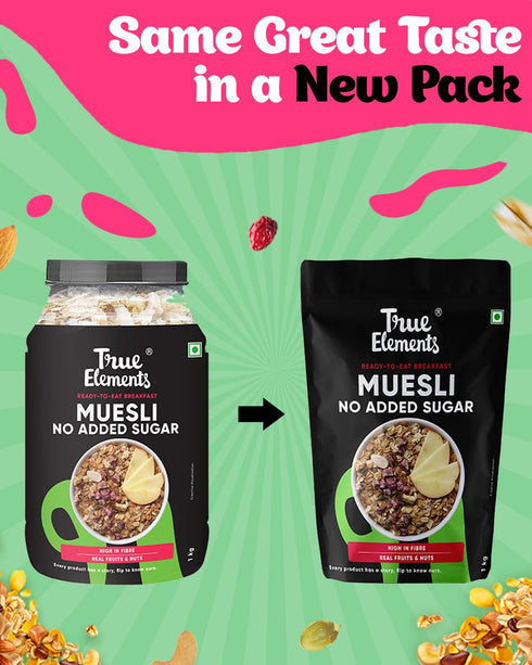 1kg Packed 13.5g True Elements Muesli Sugar Free - with Plant Protein | Breakfast Cereal | No Added Sugar