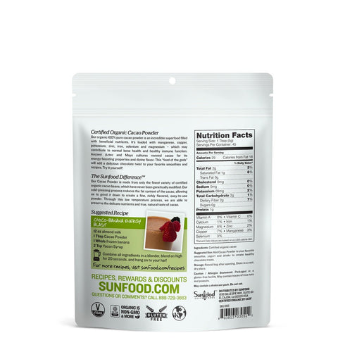 8 oz (Pack 2) Sunfood Superfoods Cacao Powder Organic - Pure Raw Chocolate Powder for Baking, Rich & Unsweetened