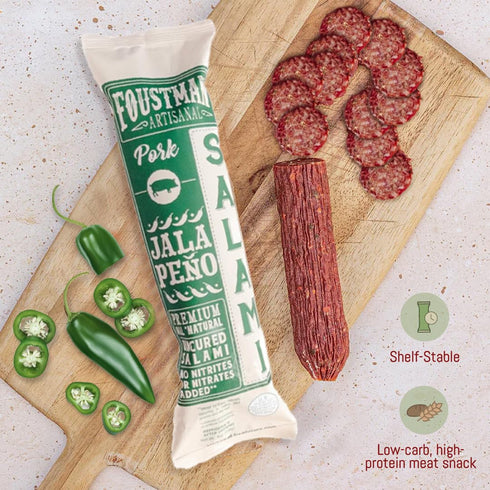 8 Oz. Foustman's Salami Jalapeno Pork Artisanal, Nitrate-Free, Naturally Cured Lunch Meat, Gluten-Free, Dairy-Free