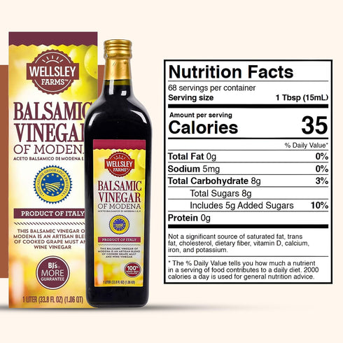 Wellsley Farms 1L Premium Balsamic Vinegar | Blend of Grape & White Vinegar | Made in Modena Italy | Rich, Velvety