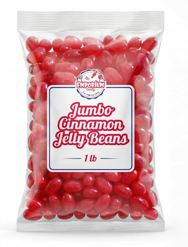 EMPORIUM CANDY TASTY TREATS FOR THE TUMMY Jumbo Cinnamon Jelly Beans 1 lb Spicy Sweet Flavor, Large Gourmet Jellybeans,