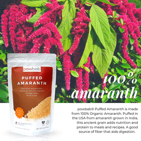 100% (5 oz) powbab Puffed Amaranth - Organic Amaranth Popped in USA Whole Puffs. Good Protein Source, No Oil or Salt
