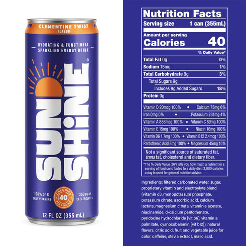 360mg 70mg 12 Oz (Pack 12) Sunshine Sparkling Energy Drink, Clementine Twist with Daily Essential Vitamins