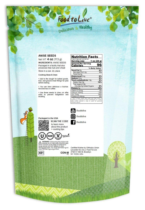 Food to Live Anise Seeds, 4 Ounces Whole Dried, Kosher, Vegan, Bulk Spice for Baked Goods and Beverages