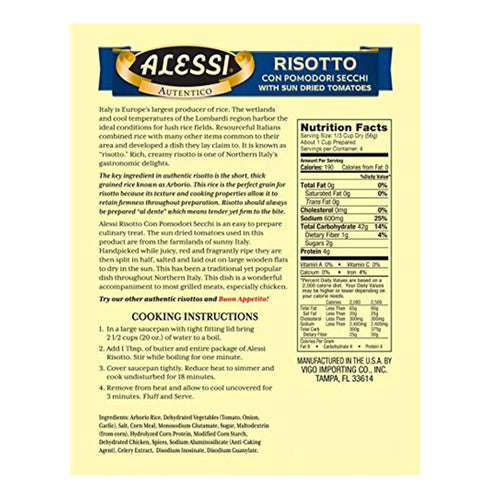 8oz Pack 6) Alessi Autentico, Premium Seasoned Risotto, Italian Arborio Rice, Easy to Prepare, (Sun Dried Tomato