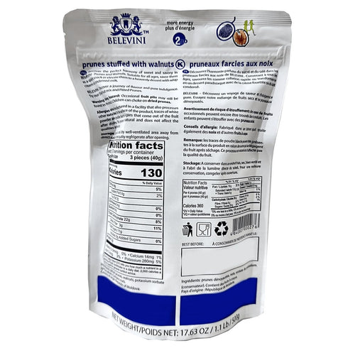 Belevini 17.63 oz (Pack 1) Prunes Stuffed with Walnuts, Kosher, Vegan, No Sugar Added - Natural Healthy Snack,