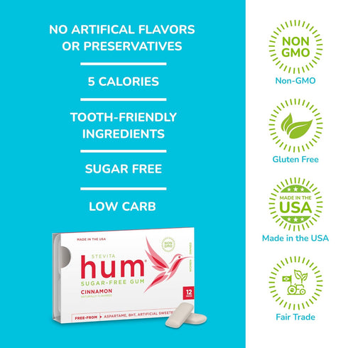 Stevita Hum Cinnamon - Sugar-Free Gum, 12 Pieces, Pack of 12 - Supports Oral Health, Non-GMO, Vegetarian, Keto
