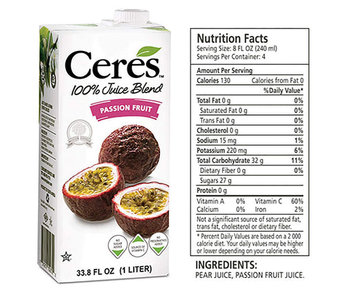 Ceres 100% 33.8 OZ (Pack 6) All Natural Pure Fruit Juice Blend, Passion Fruit - Gluten Free, Rich in Vitamin C, No